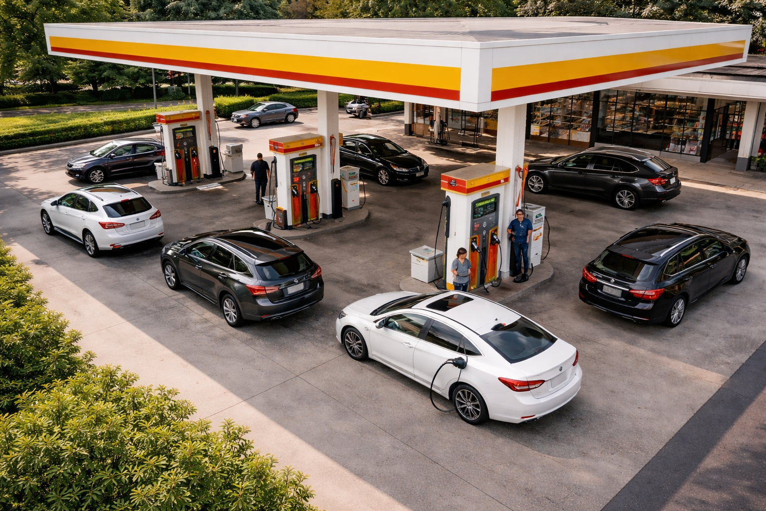 Retail fuel station forecourt with multiple fueling bays